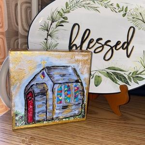 CHURCH ACRYLIC AND RESIN PAINTED ART.